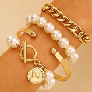 Pearl Coin Charm Bracelet Stack Set